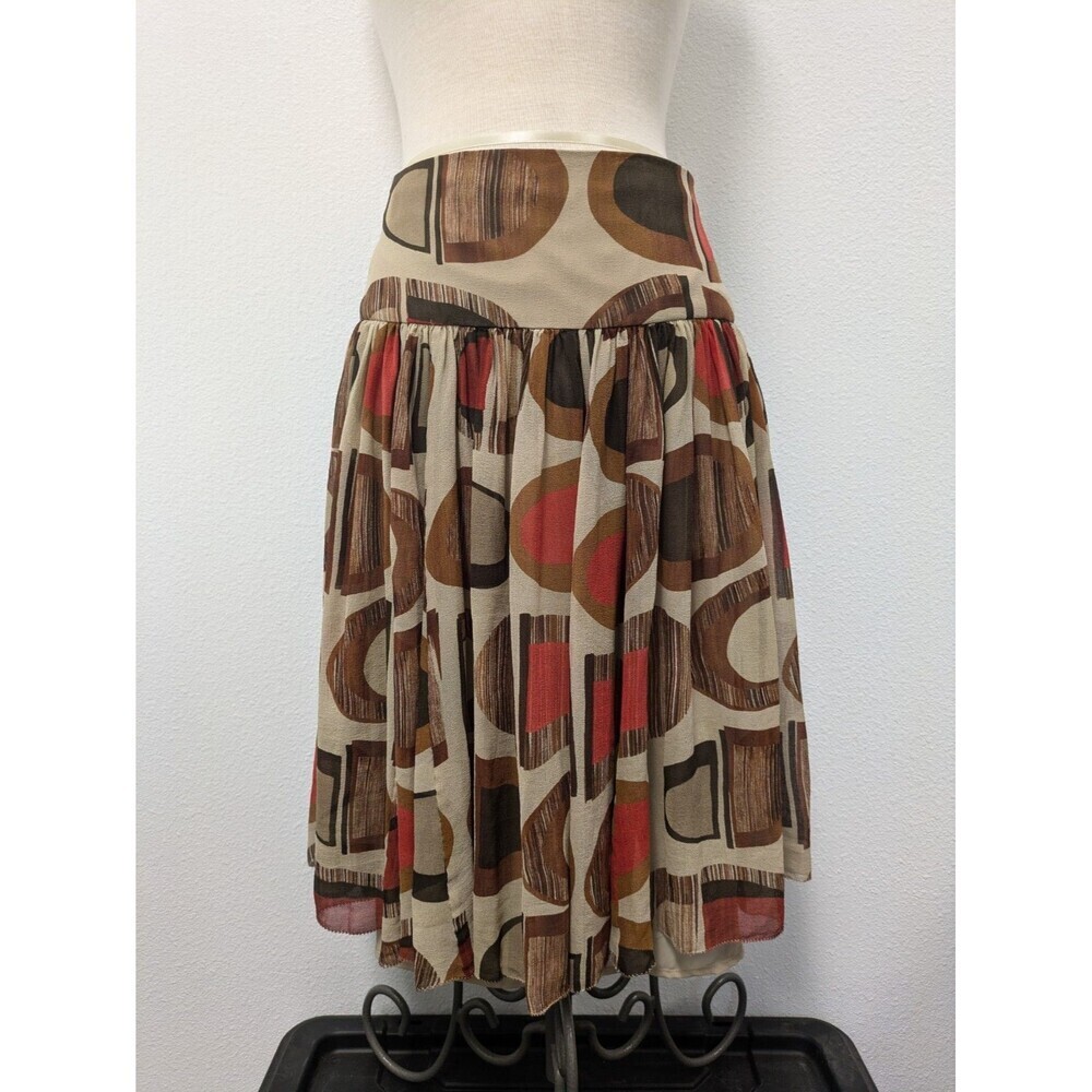 Kenneth Cole Beige Brown Red Polka Dot Silk Flare Skirt sz 12 Officewear Neutral - Picture 2 of 8